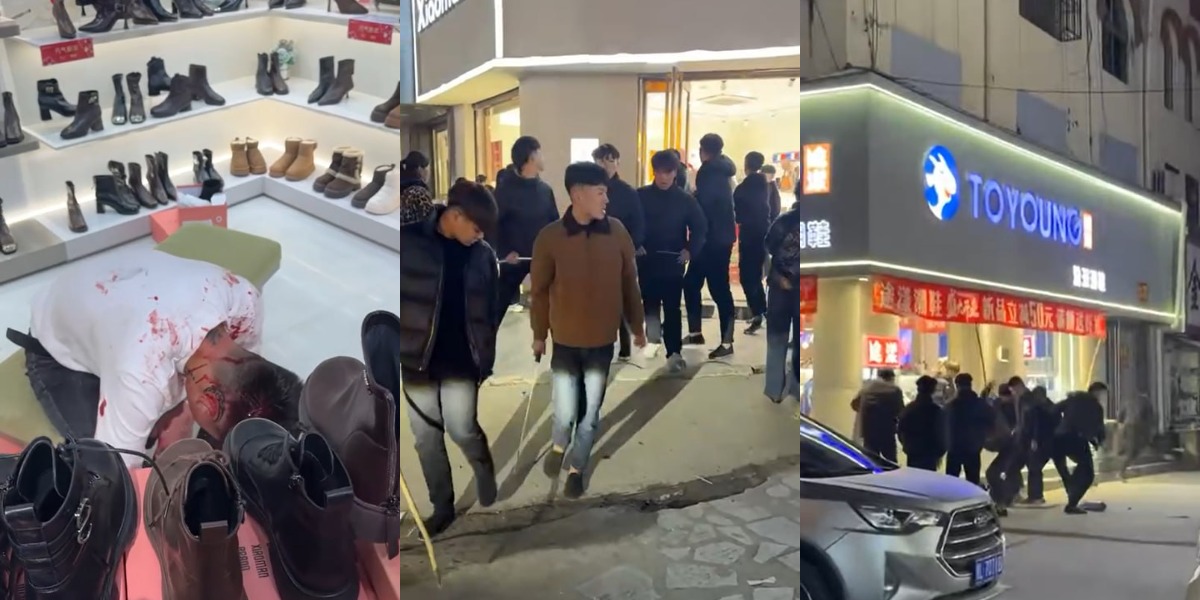 山东菏泽曹县 白衣男被精神小伙组团当街群殴！棍棒大乱斗 脑袋开瓢 鲜血四溅！